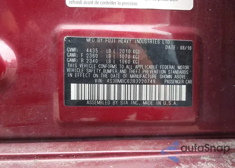 2011 Subaru Legacy 2.5I Premium from USA, damaged, VIN 4S3BMBC62B3220749